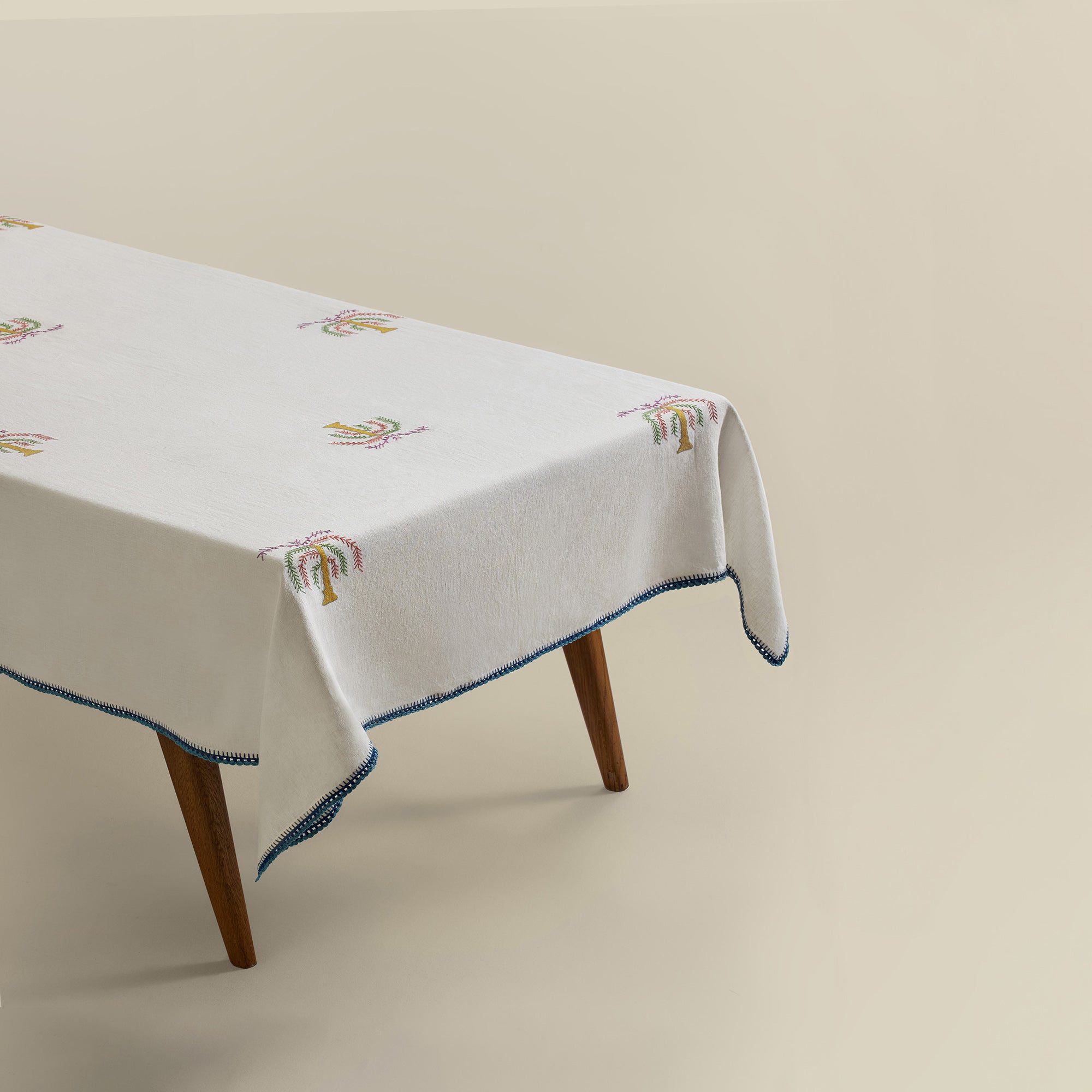 Royal Palm Hand-Embroidered Linen Tablecloth