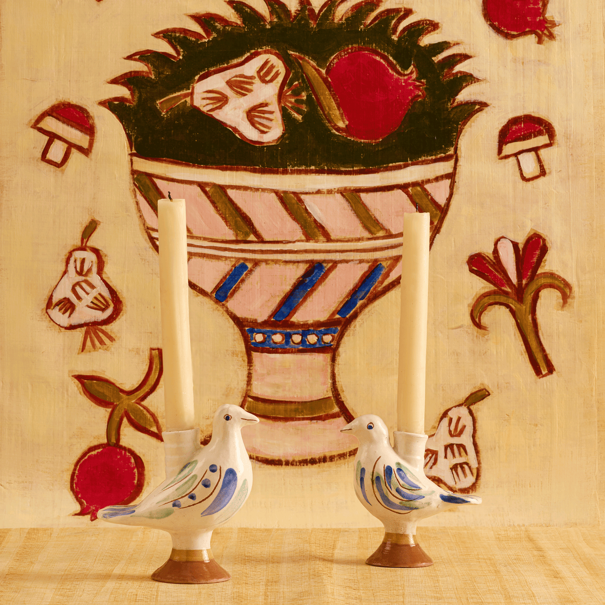 Doves Hand-Painted Fayoum Pottery Candle Holder