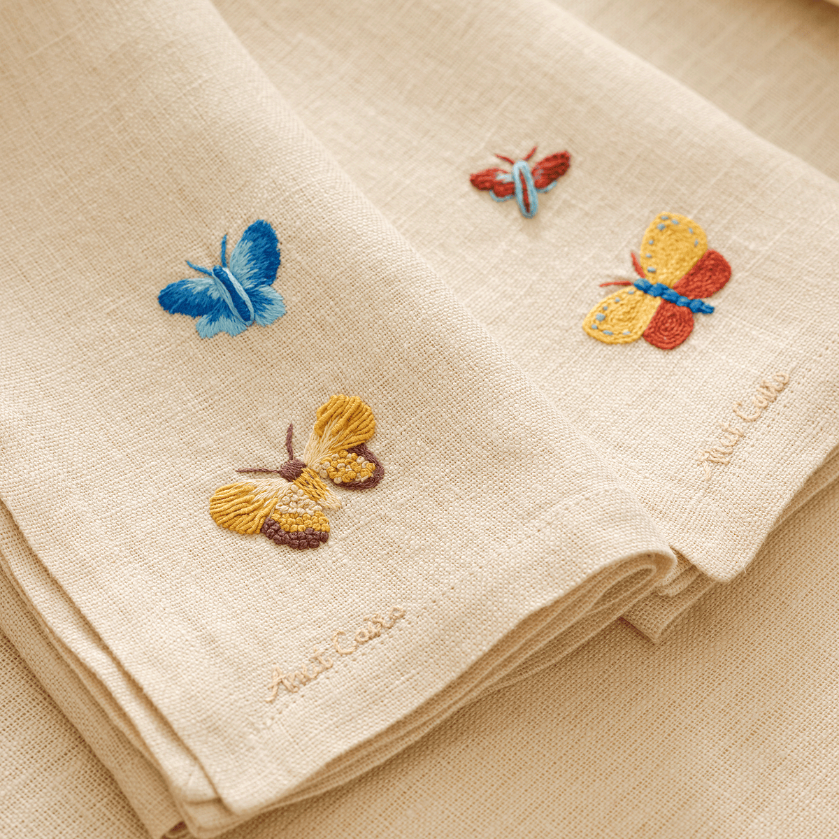Nile Butterflies Hand-Embroidered Linen Napkins (Set Of 4)