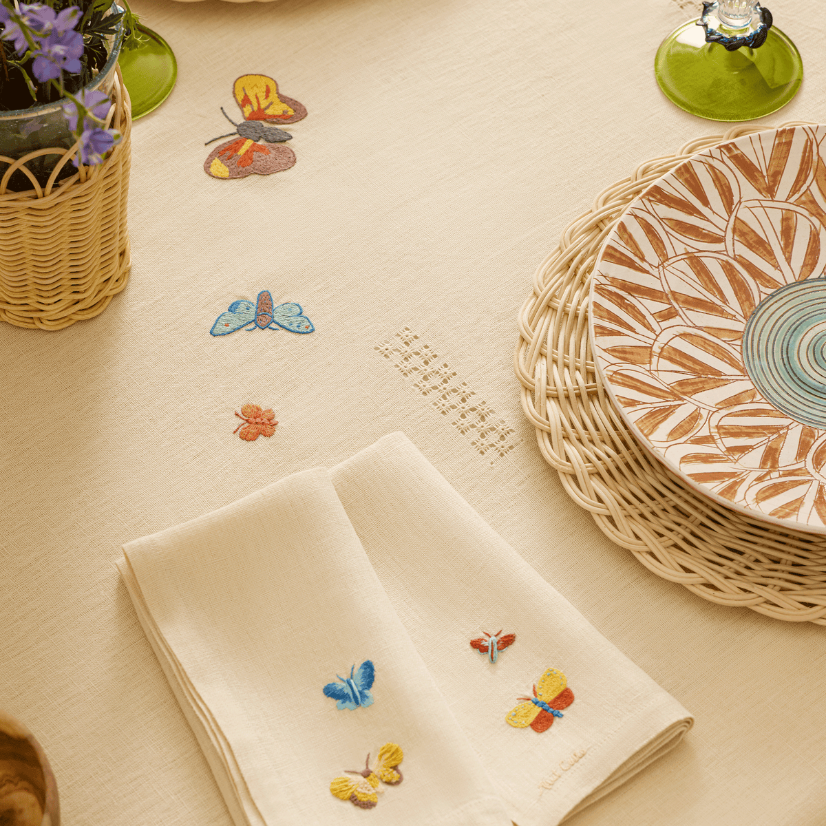 Nile Butterflies Hand Embroidered Linen Tablecloth