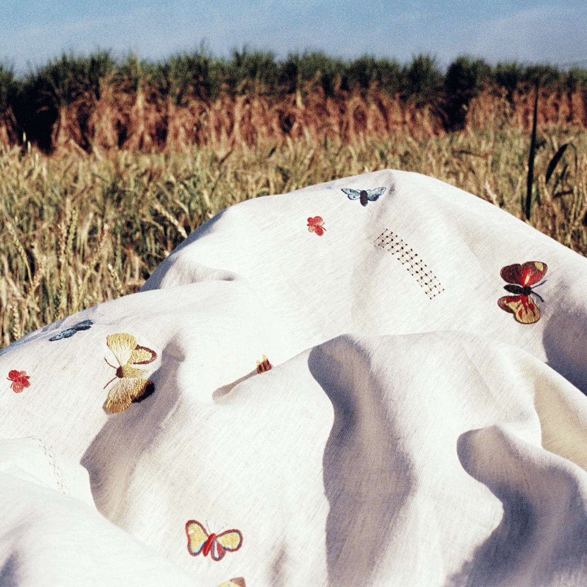 Nile Butterflies Hand Embroidered Linen Tablecloth