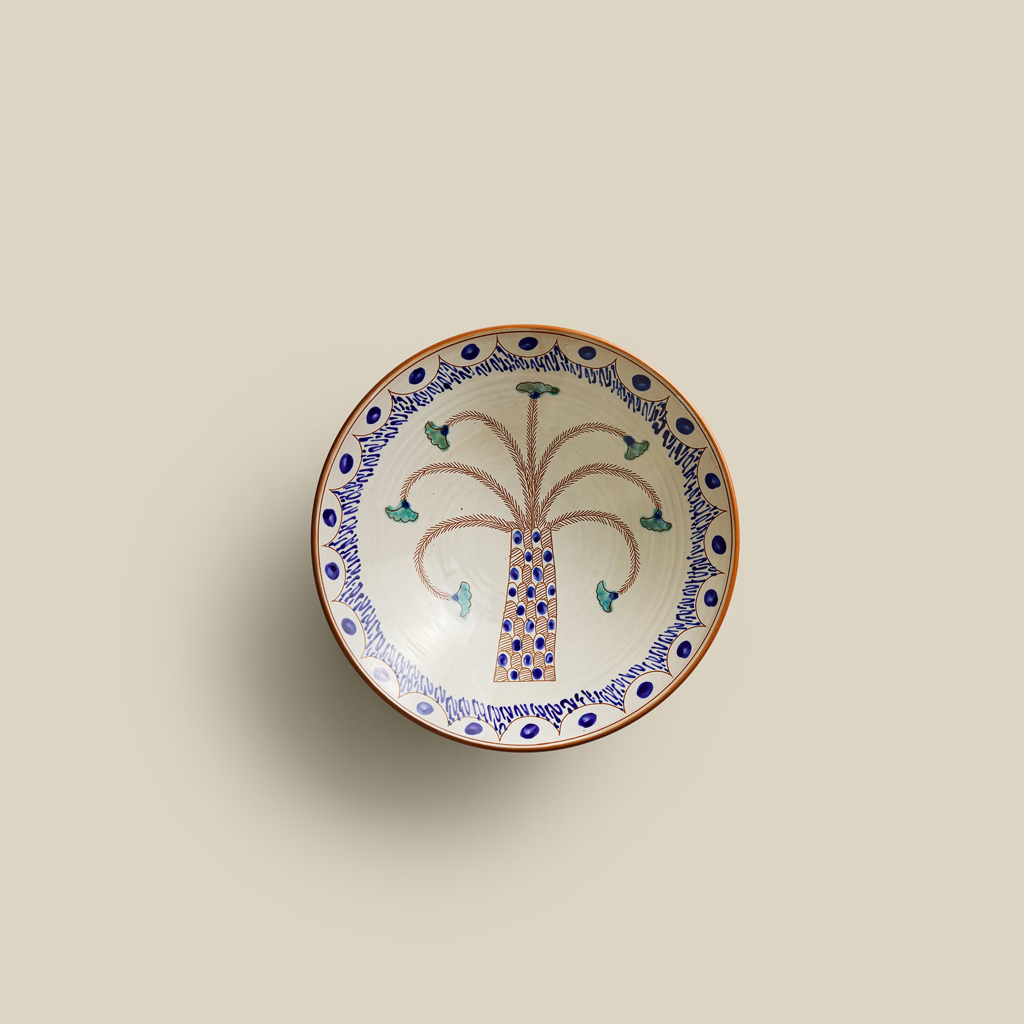 Dancing Palm Hand-Painted Fayoum Pottery Serving Bowl
