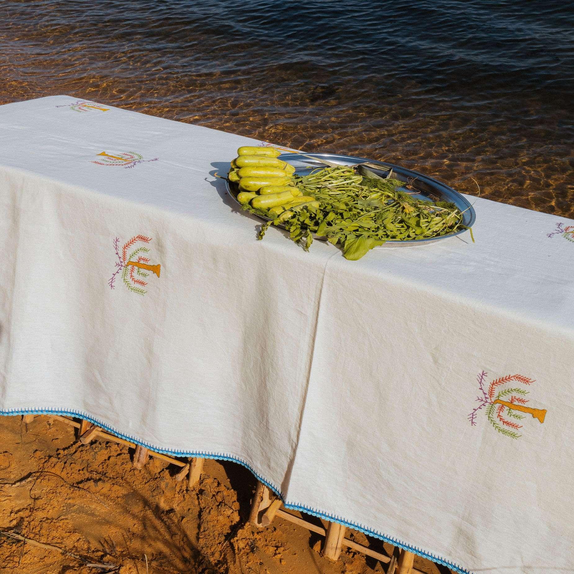 Royal Palm Hand-Embroidered Linen Tablecloth