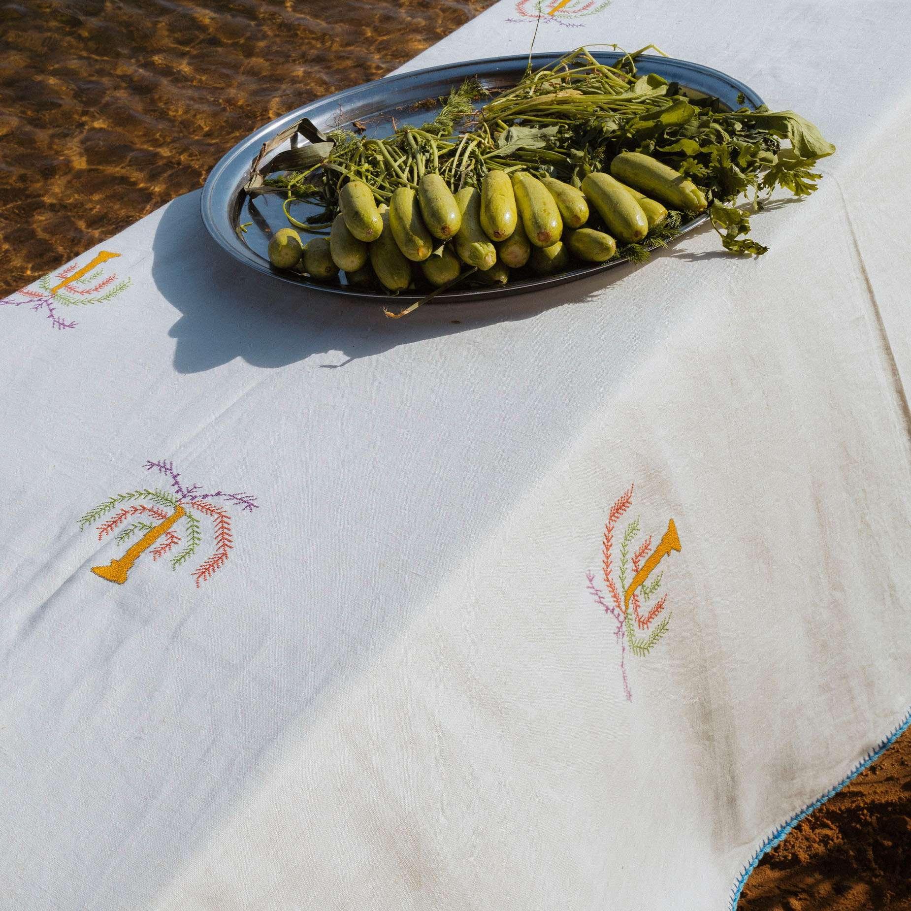 Royal Palm Hand-Embroidered Linen Tablecloth