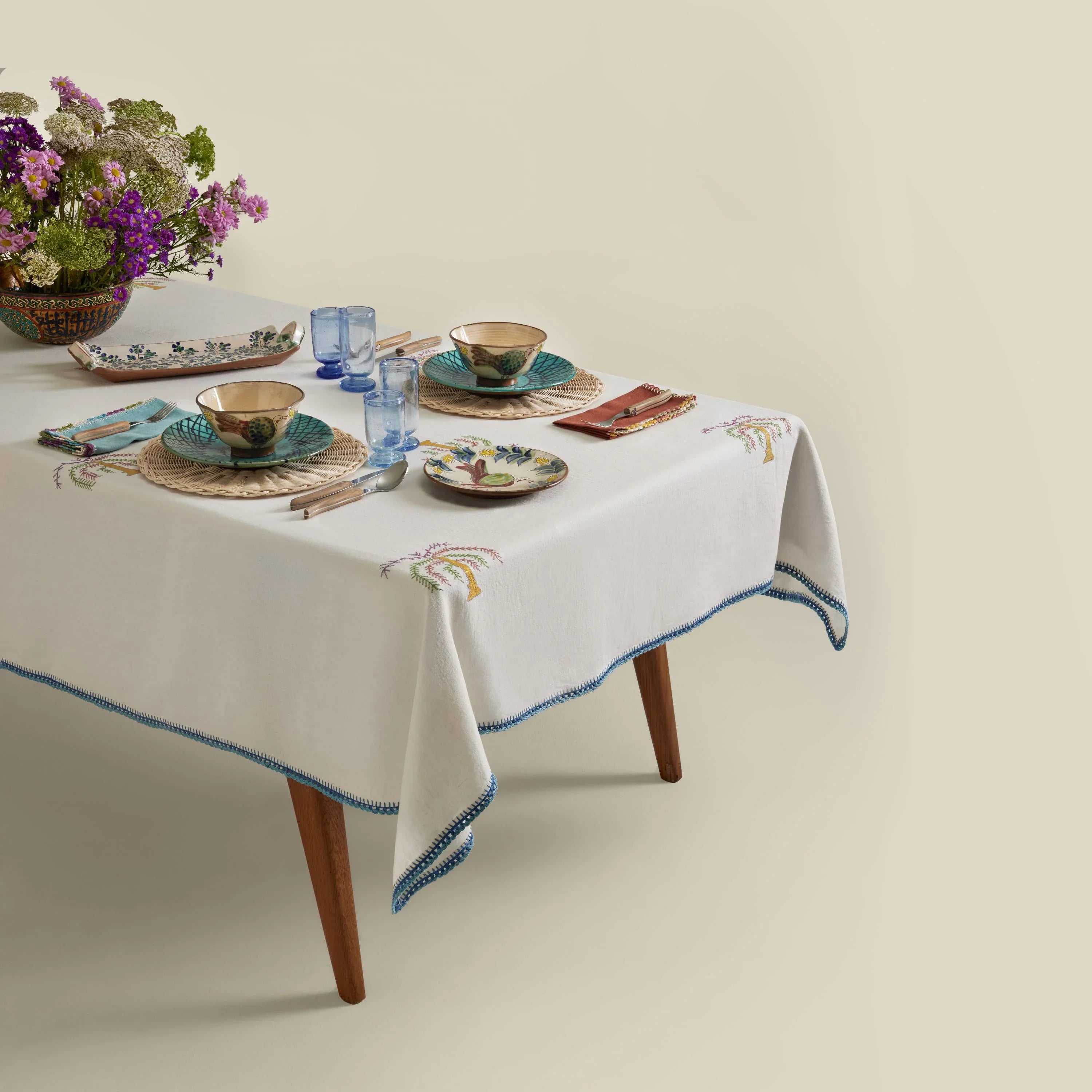 Royal Palm Hand-Embroidered Linen Tablecloth