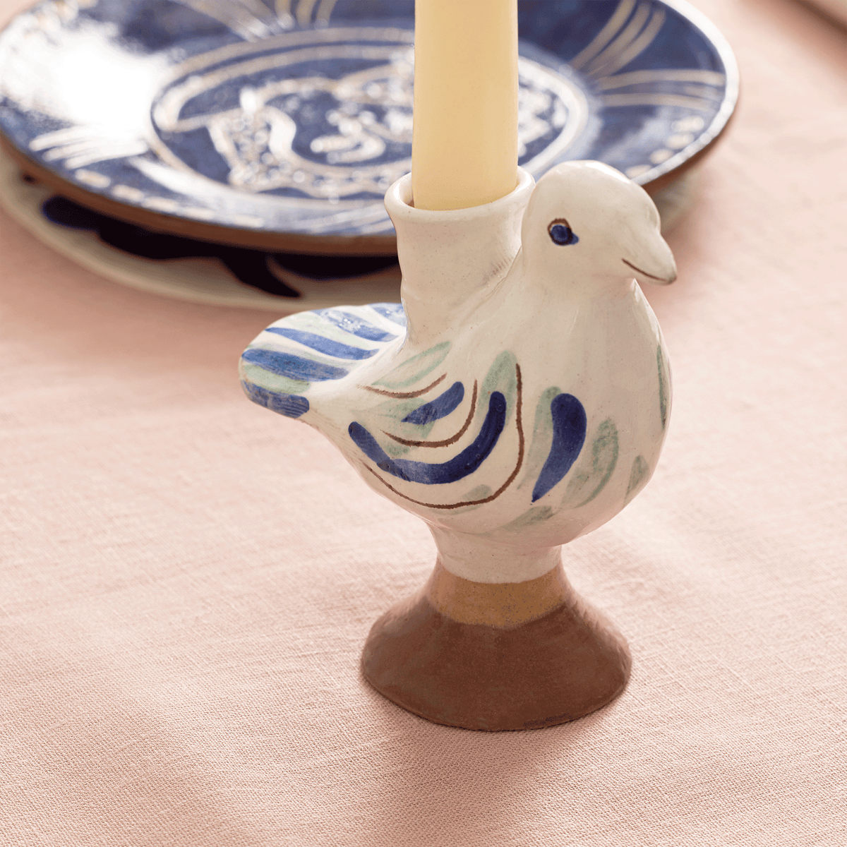 Doves Hand-Painted Fayoum Pottery Candle Holder