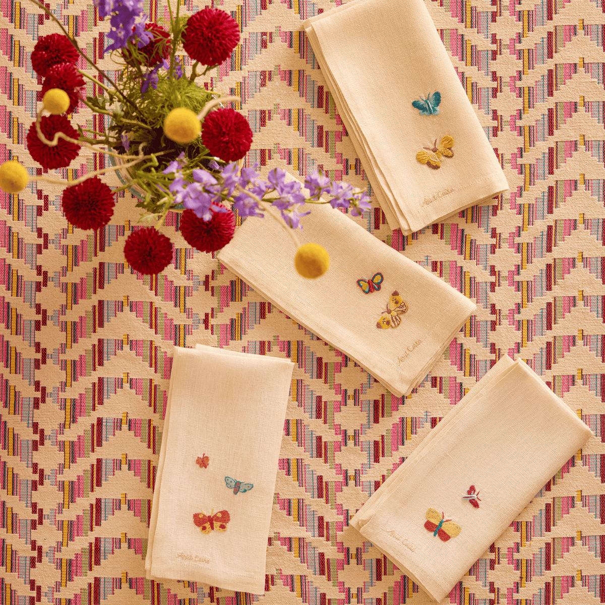 Nile Butterflies Hand-Embroidered Linen Napkins (Set Of 4)