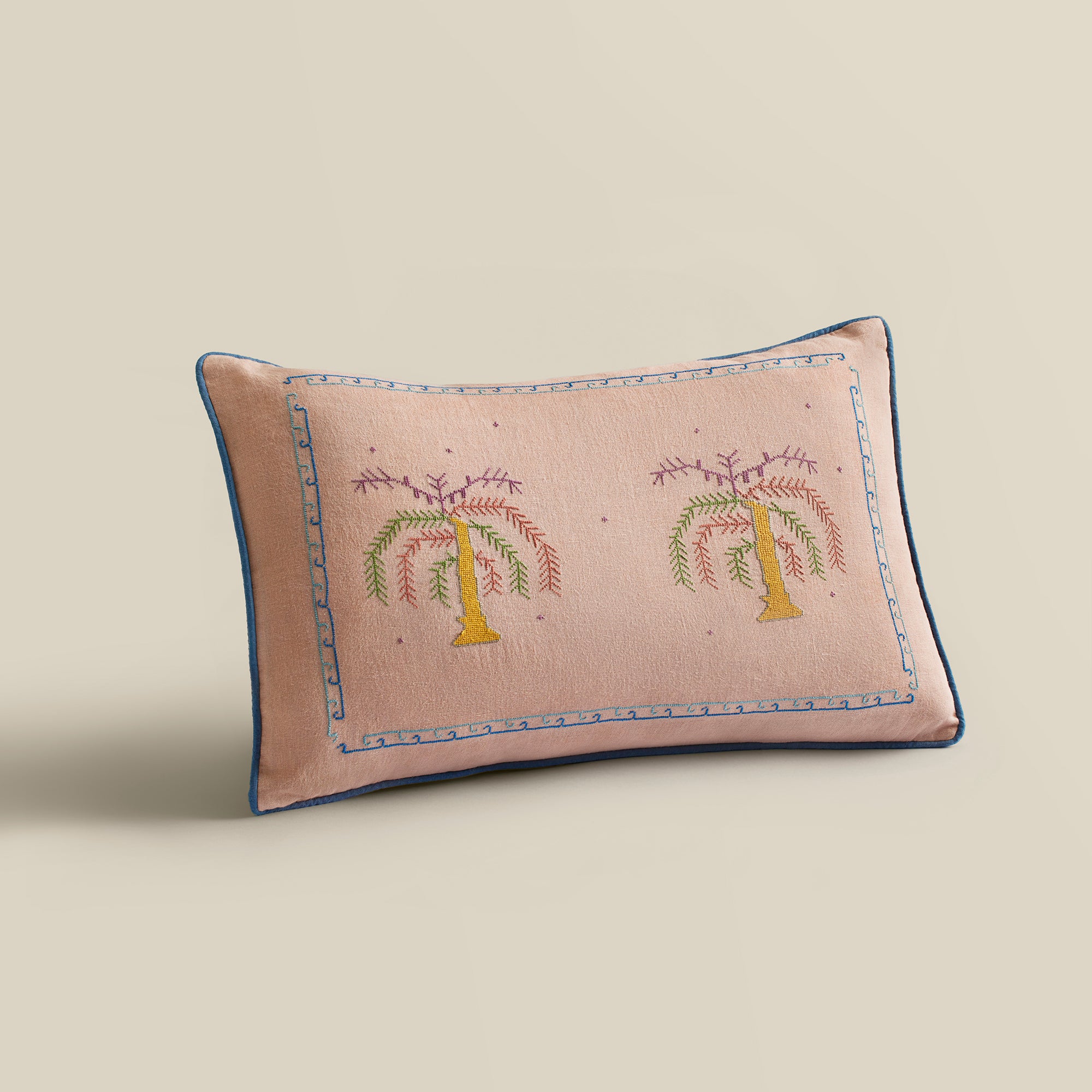 Royal Palm Hand-Embroidered Linen Cushion Cover