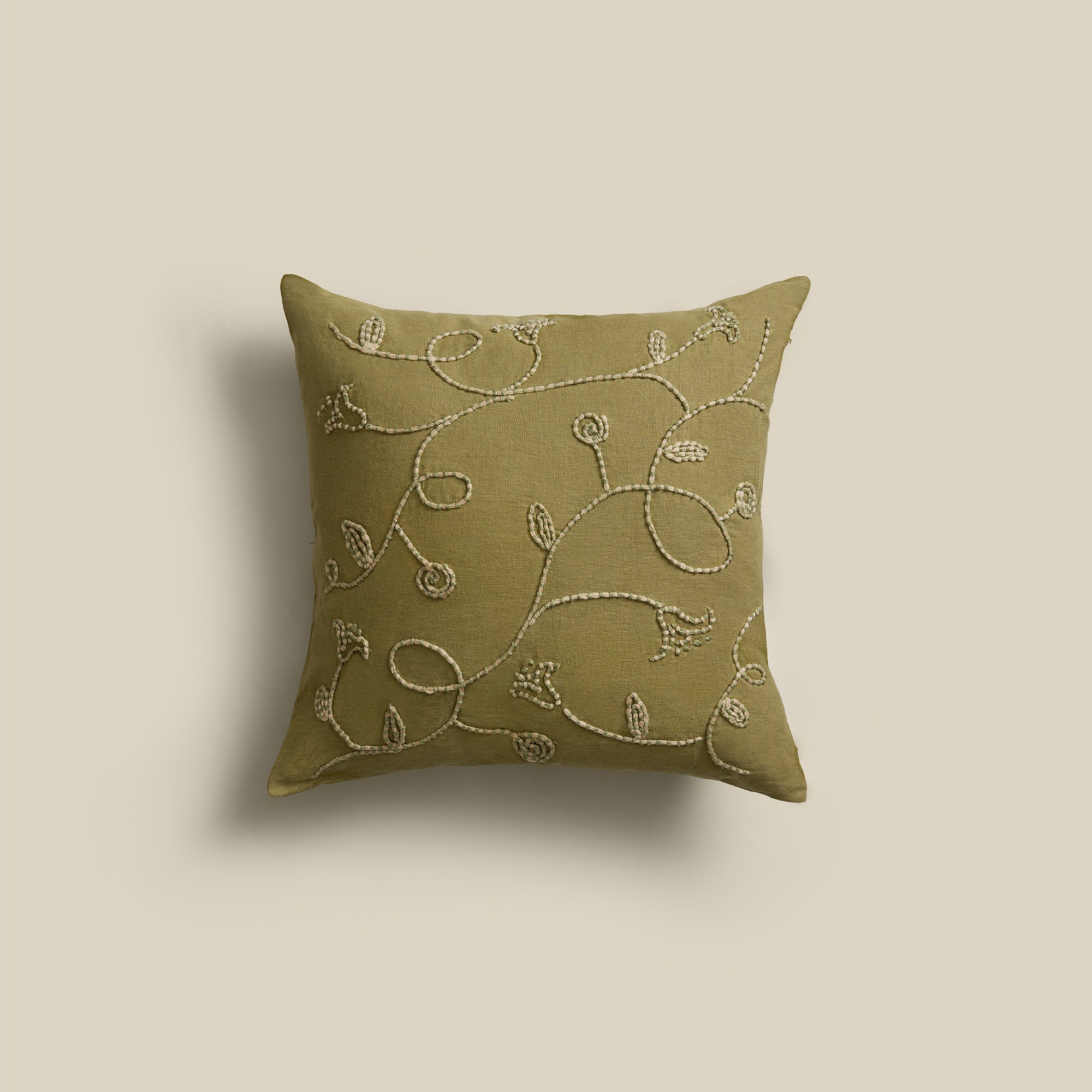 Lotus Trail Square Hand-Embroidered Linen Cushion Cover
