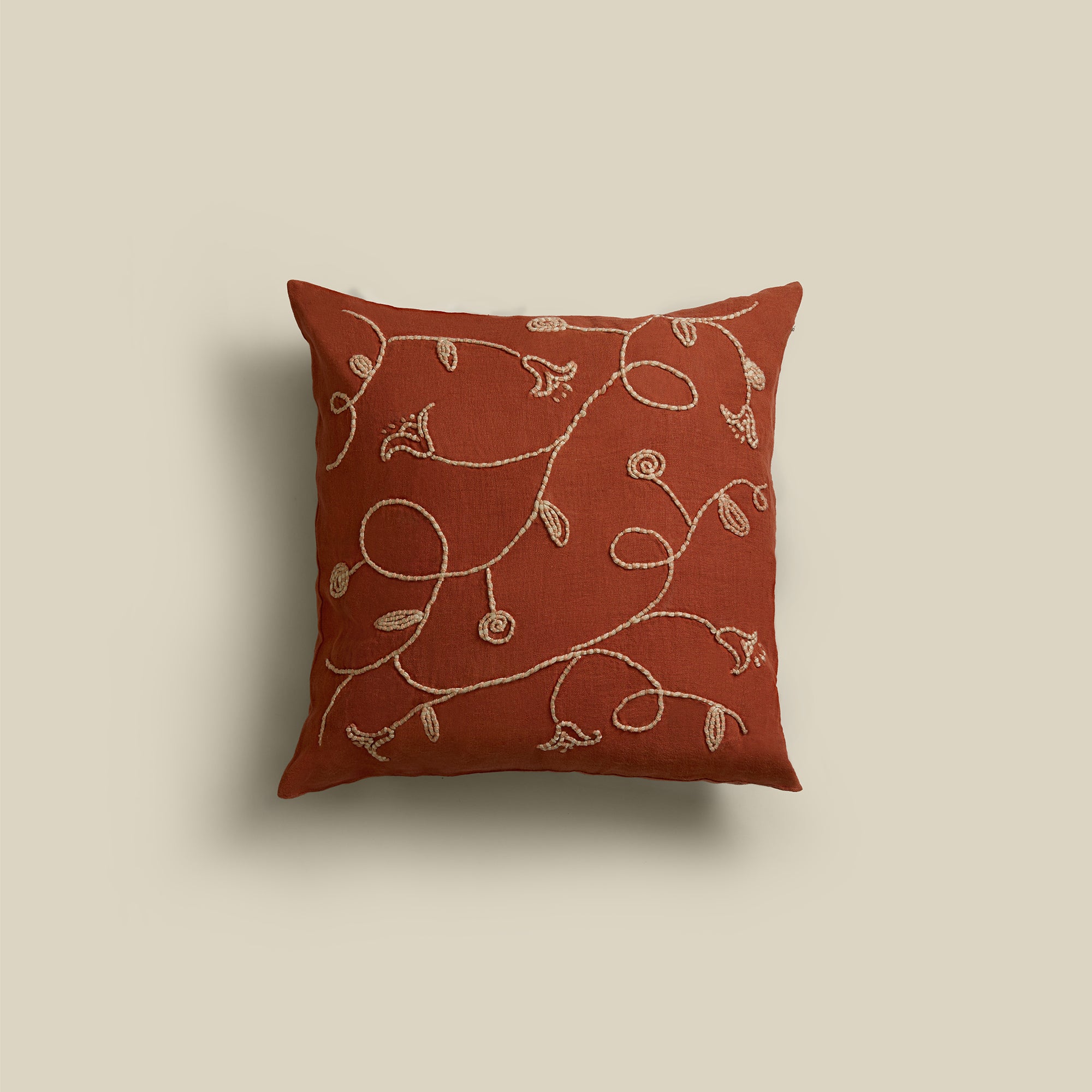 Lotus Trail Square Hand-Embroidered Linen Cushion Cover
